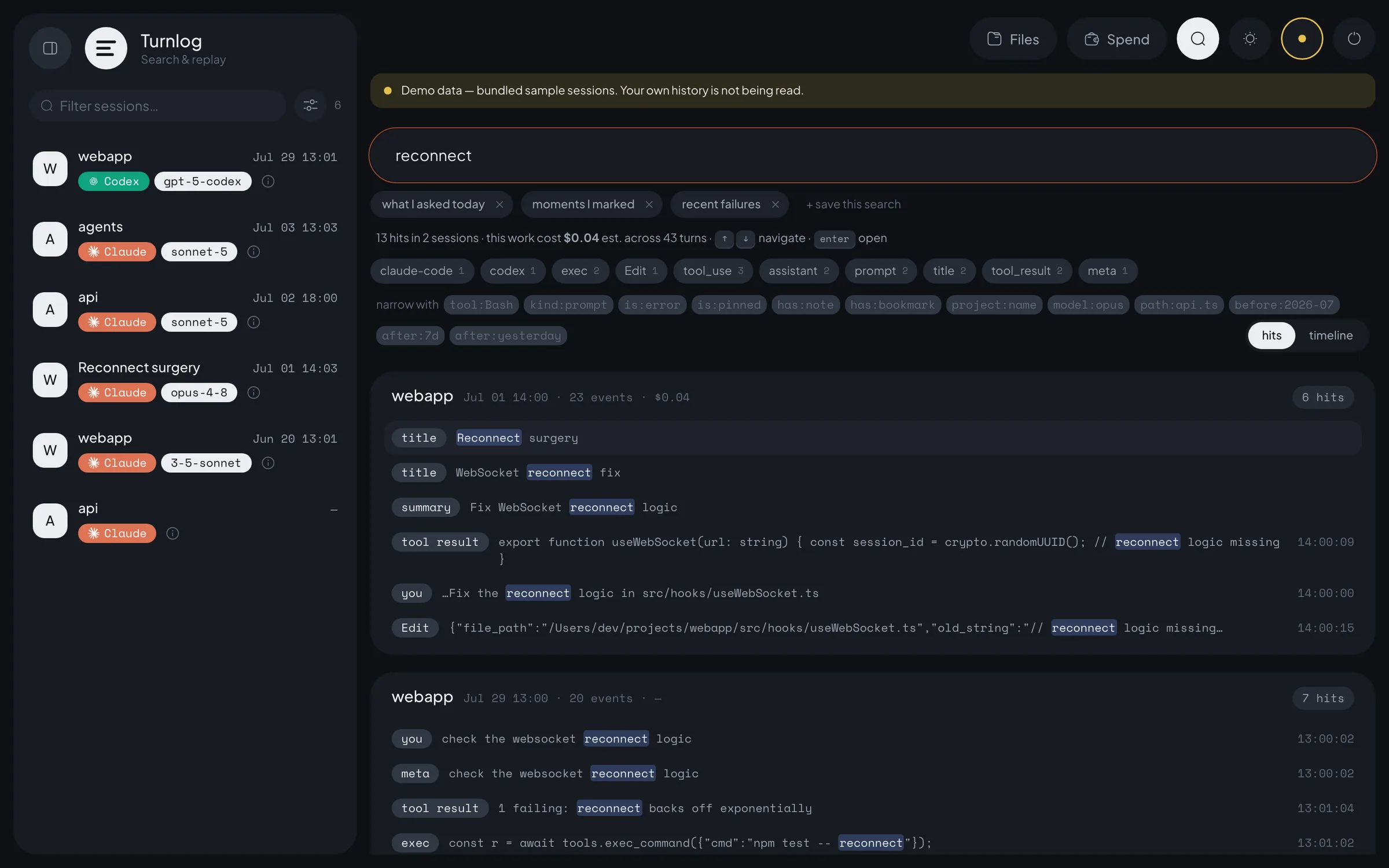 Turnlog searching 'reconnect': 13 hits in 2 sessions with the work's cost, refine chips showing one Claude Code and one Codex session, operator suggestions, and highlighted matches grouped by session