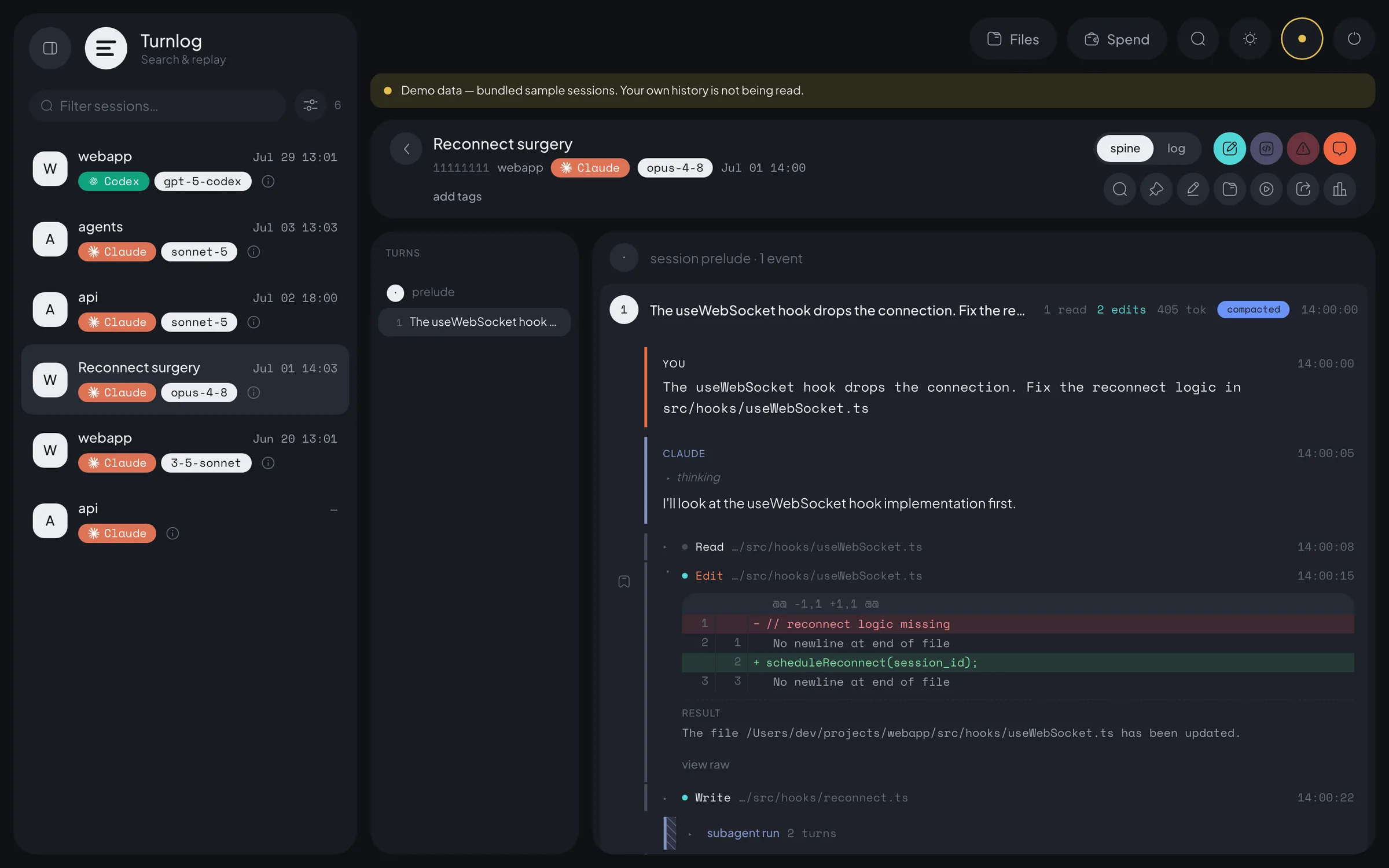 Turnlog replay: the turn spine with one turn expanded — speaker rails for you and Claude, Read/Edit/Write tool rows, and a colored diff replacing missing reconnect logic with scheduleReconnect